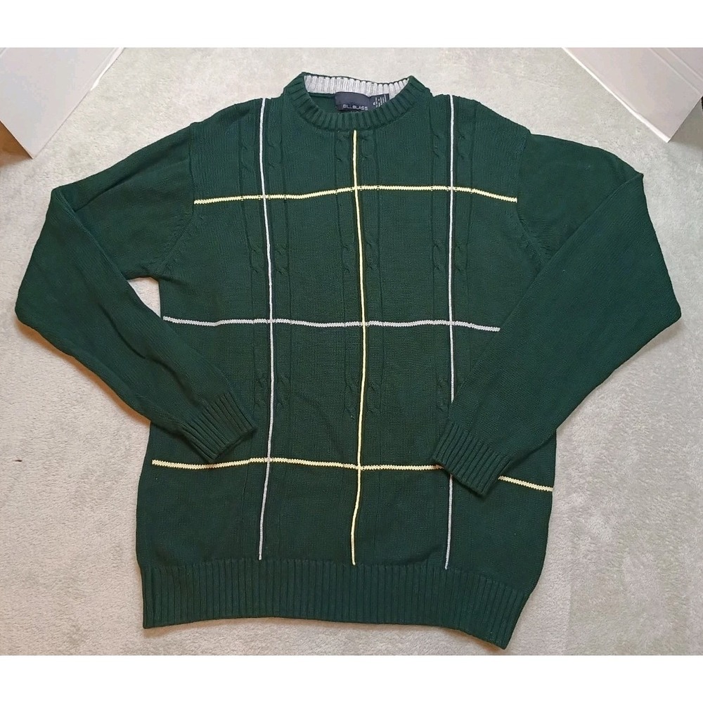 BILL BLASS Crewneck CABLE KNIT WINDOWPANE CHECK Sweater Men's XL Green Dad Golf